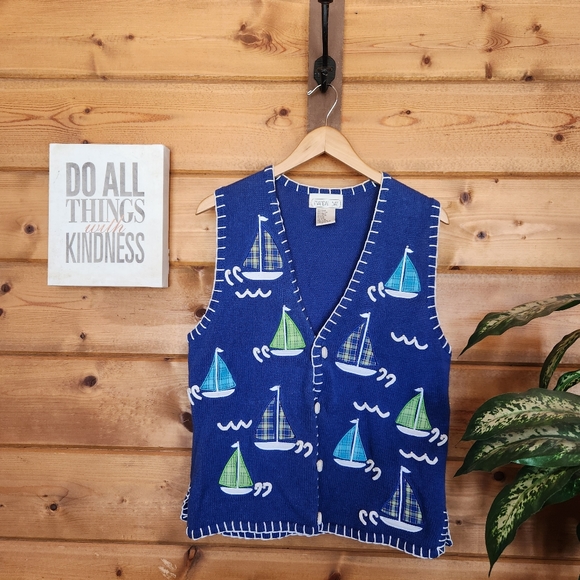 mandal bay Tops - Mandal Bay Vintage Sailboat Knit Sweater Vest Nautical Embroidered Beaded Size M